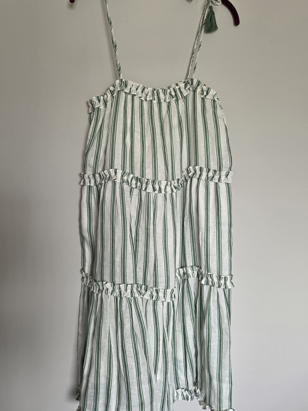 Tory Burch Green and White Striped Ruffle-Top Sundress
